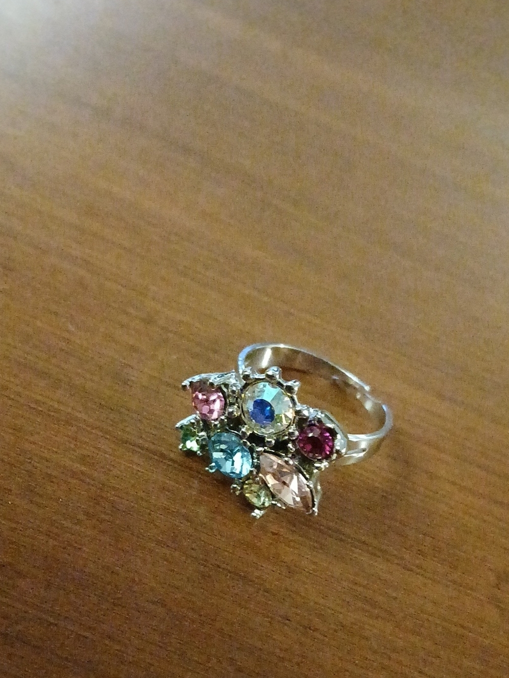 Adjustable Multi-Color Crystal Floral Ring -Fashion Silver Tone Band 6.5 -7